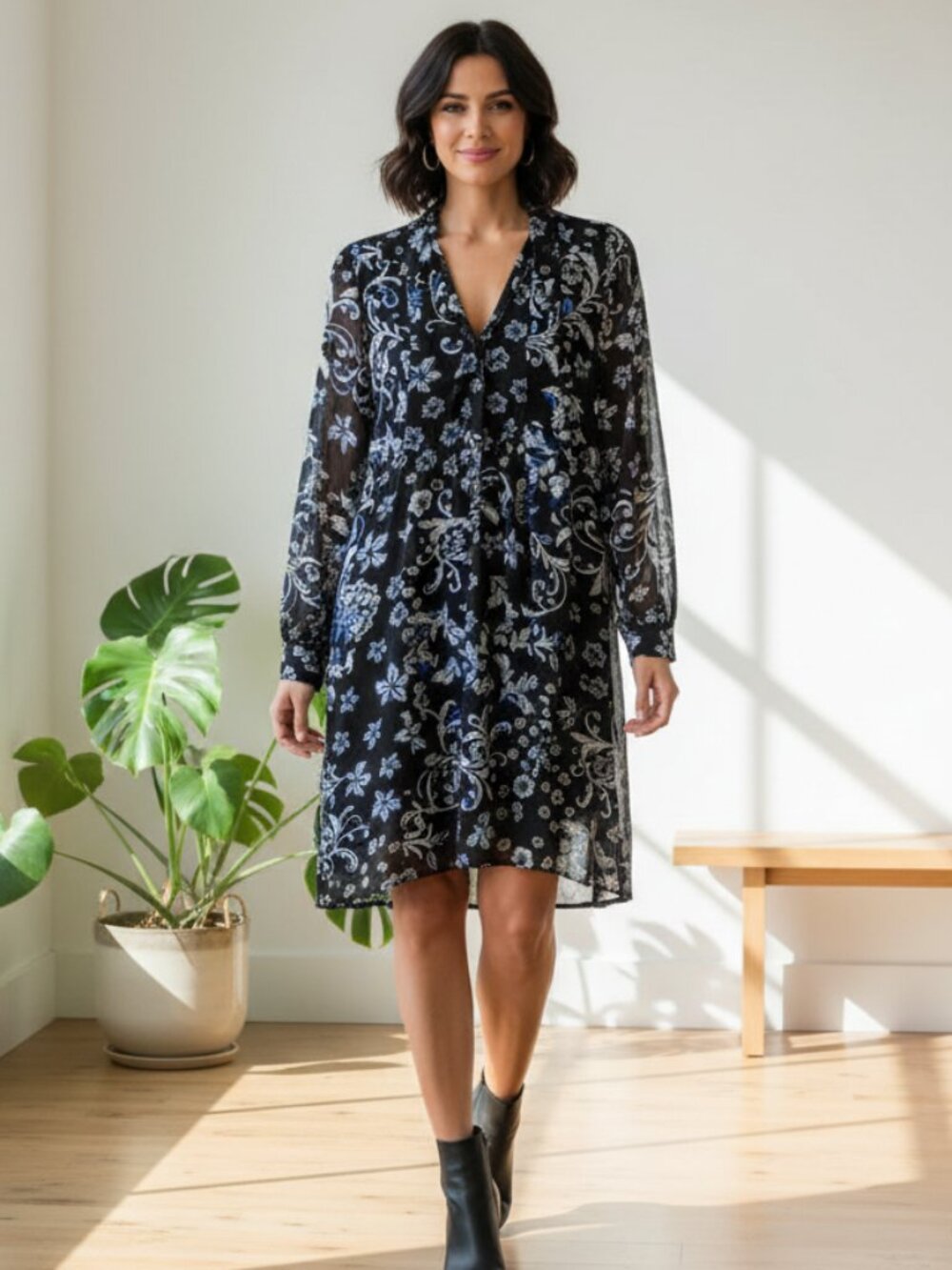 Roz Ali 4 Midi Dress Black Blue Floral Tie Neck Flowy Cottage Fairy Boho Coastal